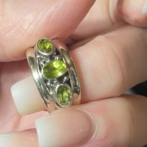 Three Stone Peridot Bezel Set Sterling Silver Statement Ring